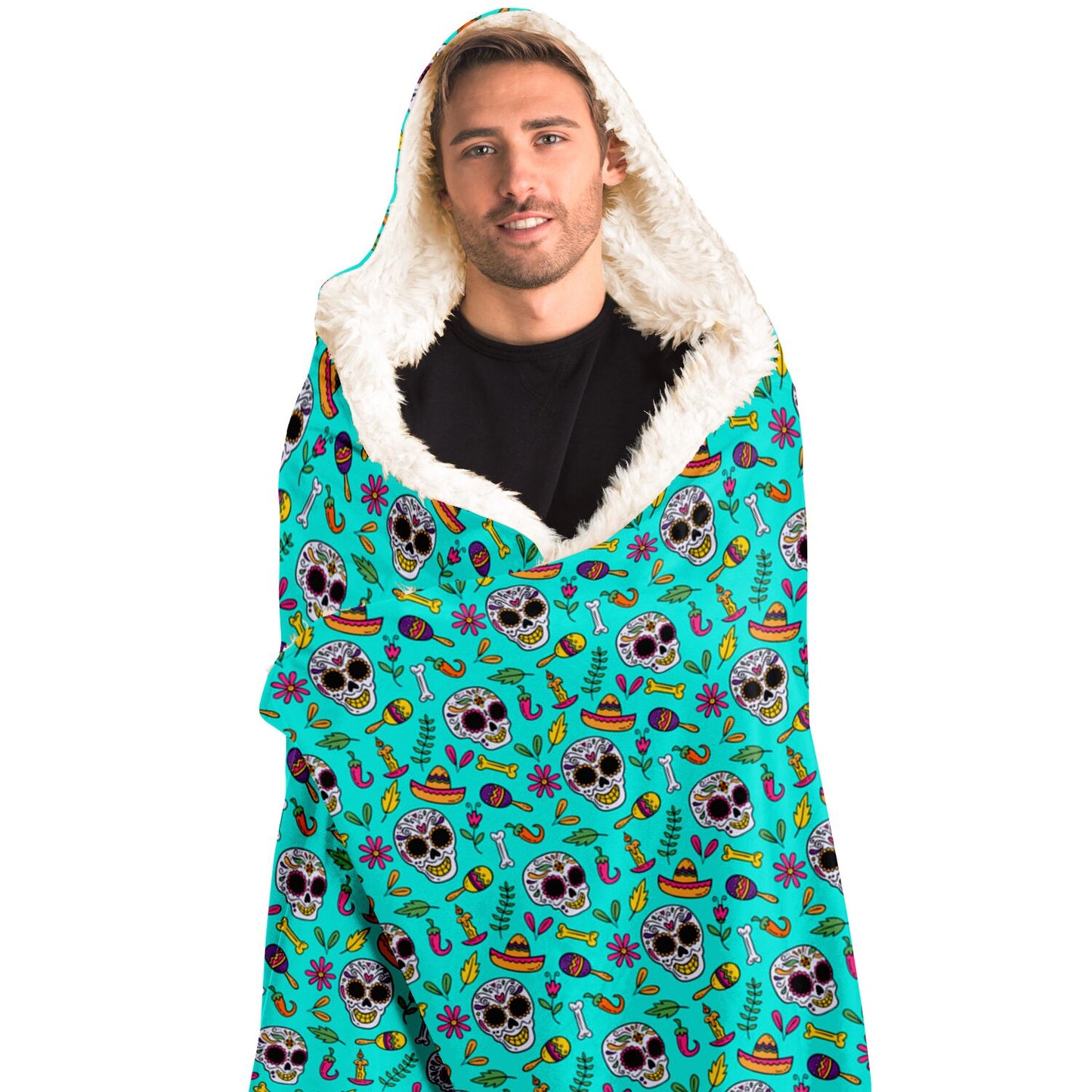 Turquoise Sugar Skull Hooded Blanket, Day of the Dead, Halloween Hooded Blanket - HolidayShoppingFinds