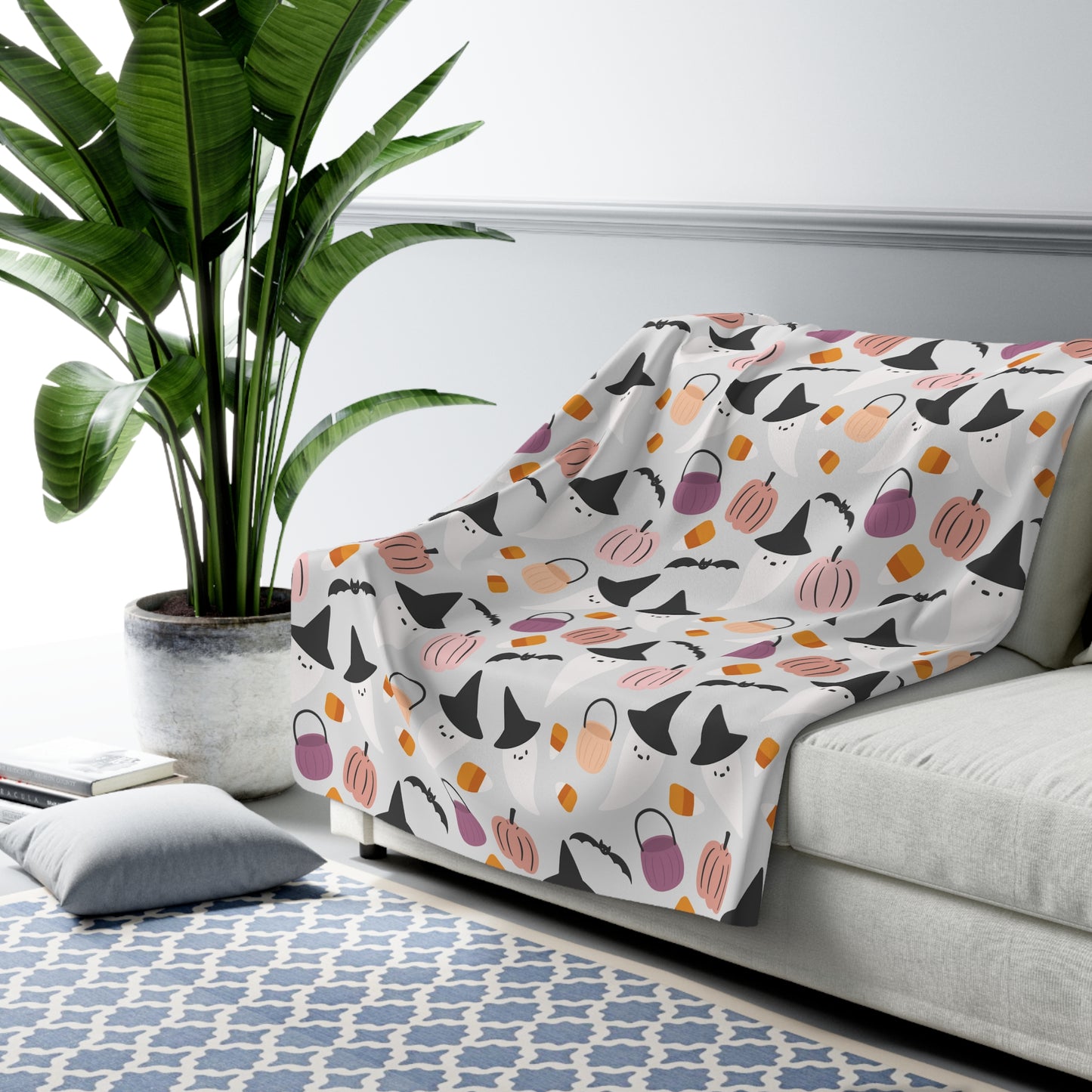 Halloween Whimsical Sherpa Blanket, Ghost Pumpkin Bats Throw Blanket Gray 60" × 80" - HolidayShoppingFinds