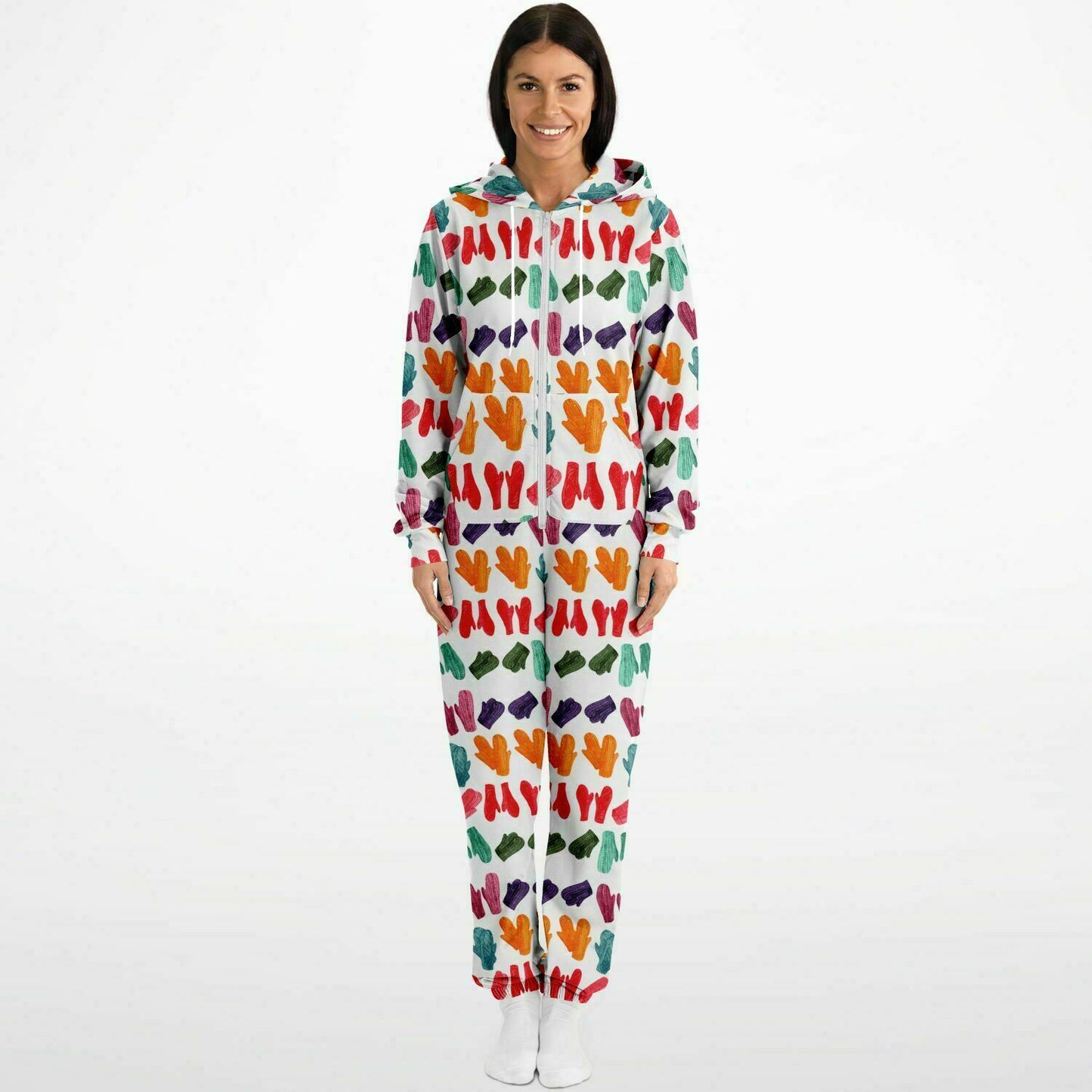 Vintage Colorful Mitten Pattern Adult Jumpsuit White Athletic Onesie Unisex PJ - HolidayShoppingFinds
