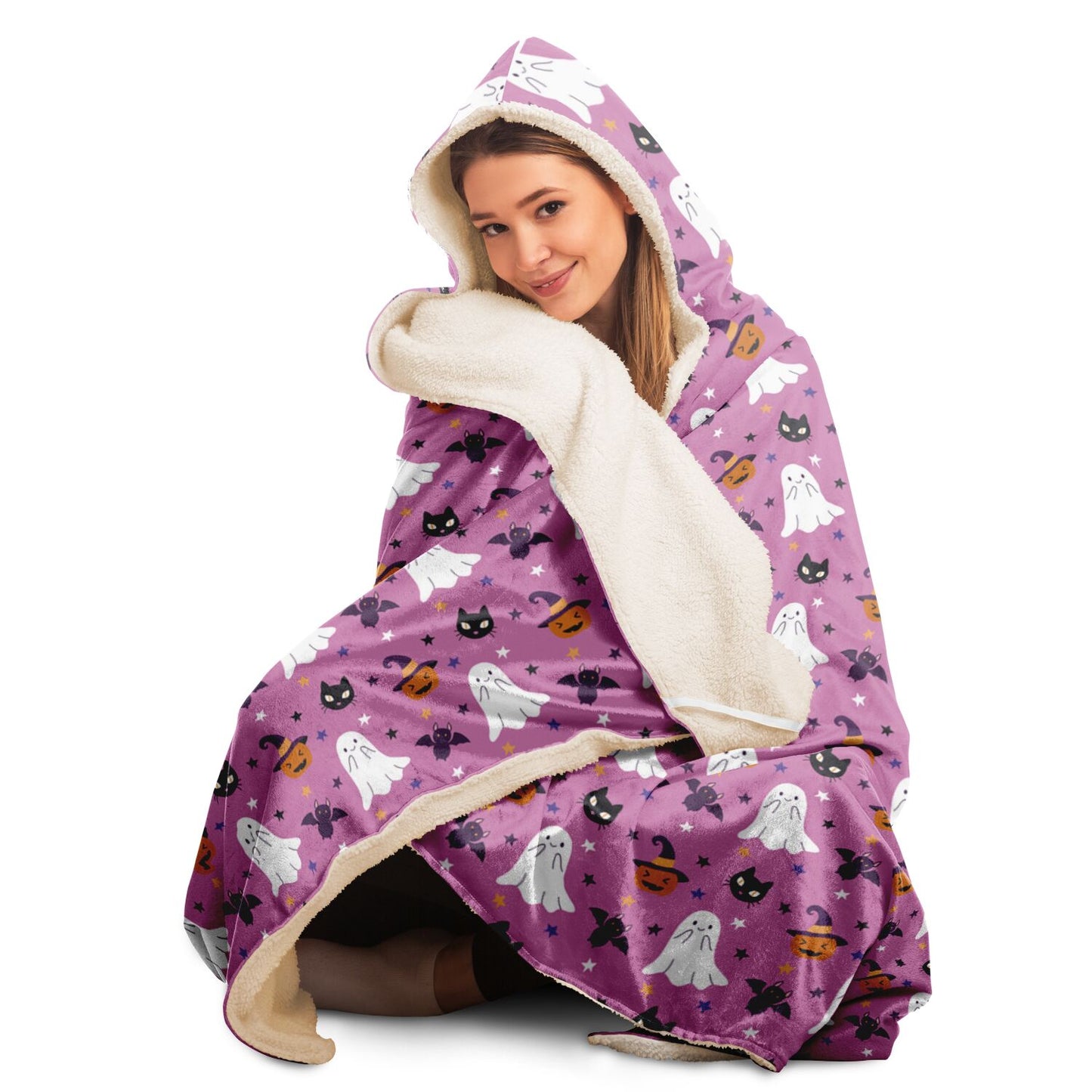 Cute Pink Halloween Hooded Blanket, Spooky Ghosts, Black Cats, Pumpkins & Bats - HolidayShoppingFinds