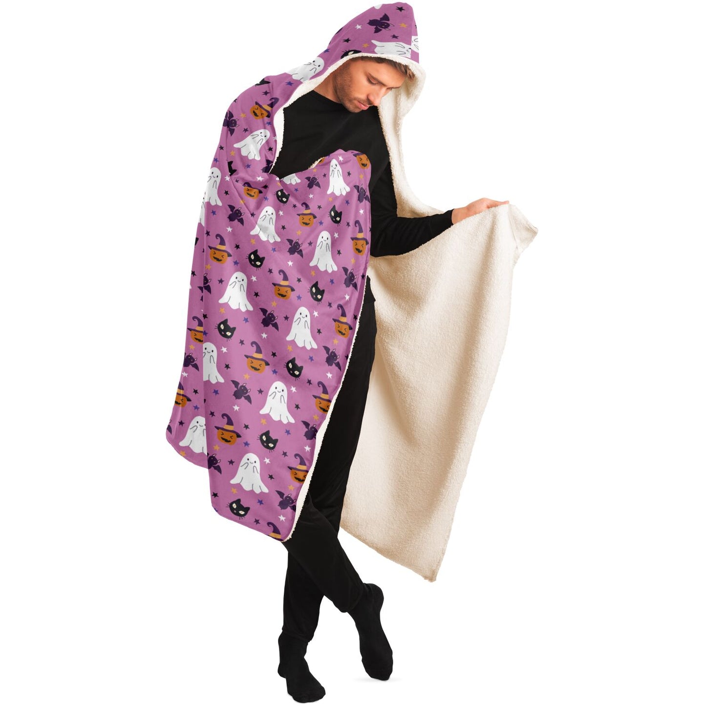 Cute Pink Halloween Hooded Blanket, Spooky Ghosts, Black Cats, Pumpkins & Bats - HolidayShoppingFinds