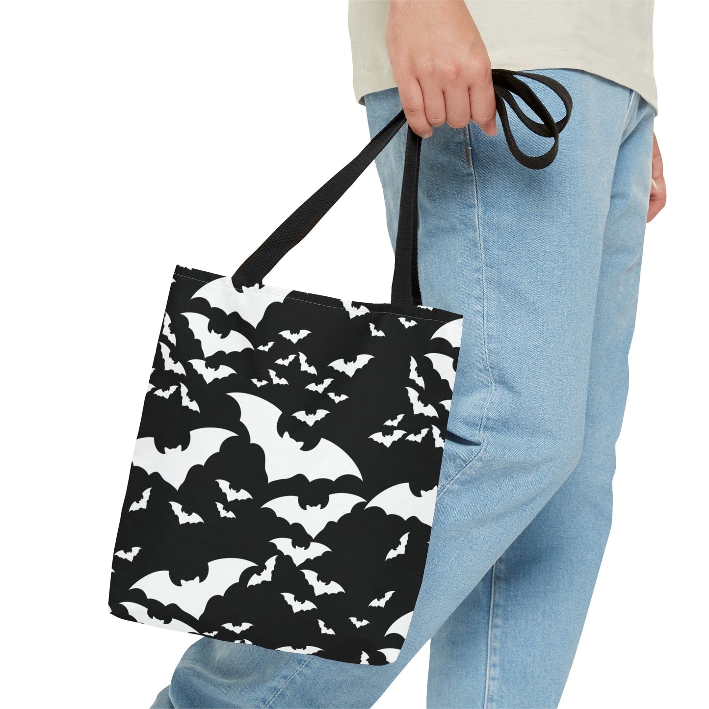 Spooky Bats Black Tote Bag, Halloween Gothic Handbag, Trick or Treat Bag, B&W Bag Small - HolidayShoppingFinds