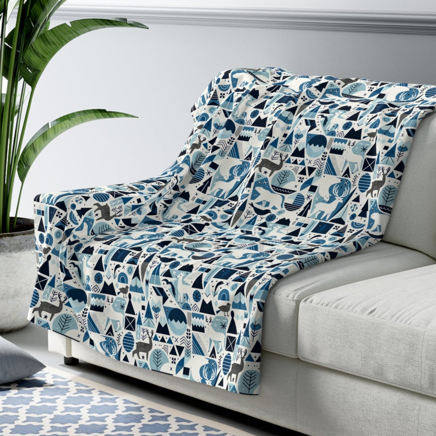 Frozen Forrest Sherpa Fleece Blanket, Abstract Blue Blanket with Bears, Deers, Birds, Trees 50" × 60" - HolidayShoppingFinds