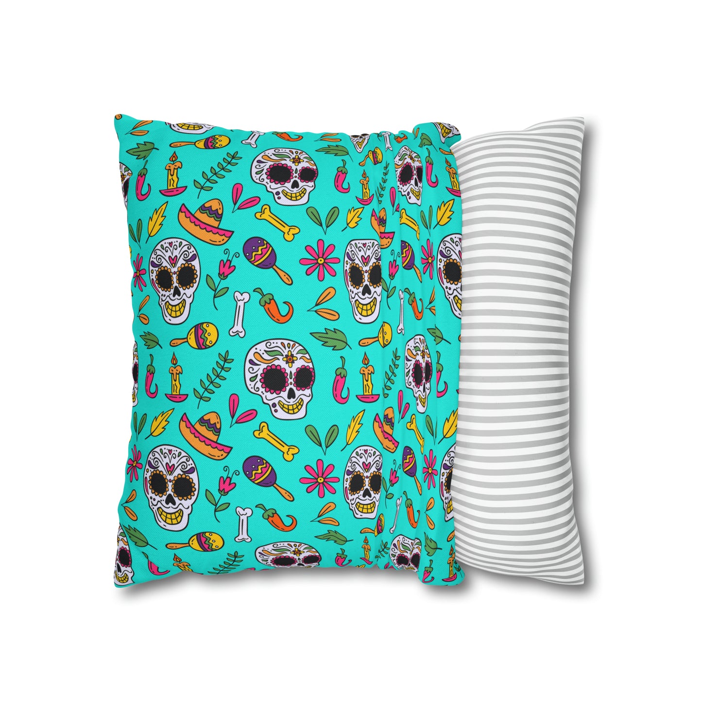 Sugar Skull Pillowcase, Day of the Dead Pillow Cover, Dia de Los Muertos Pillow, Halloween Pillow, Turquoise Decorative Square Pillow - HolidayShoppingFinds