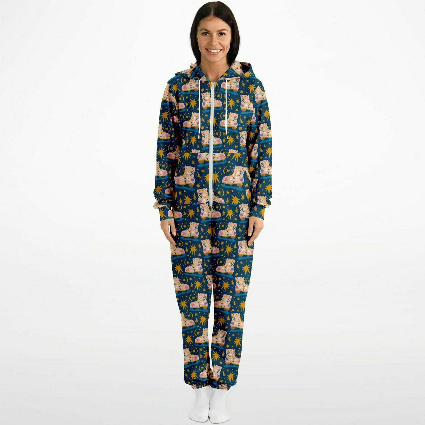 Pink Ice Skates & Yellow Stars Jumpsuit Adult Onesie Gender-Neutral Athletic - HolidayShoppingFinds