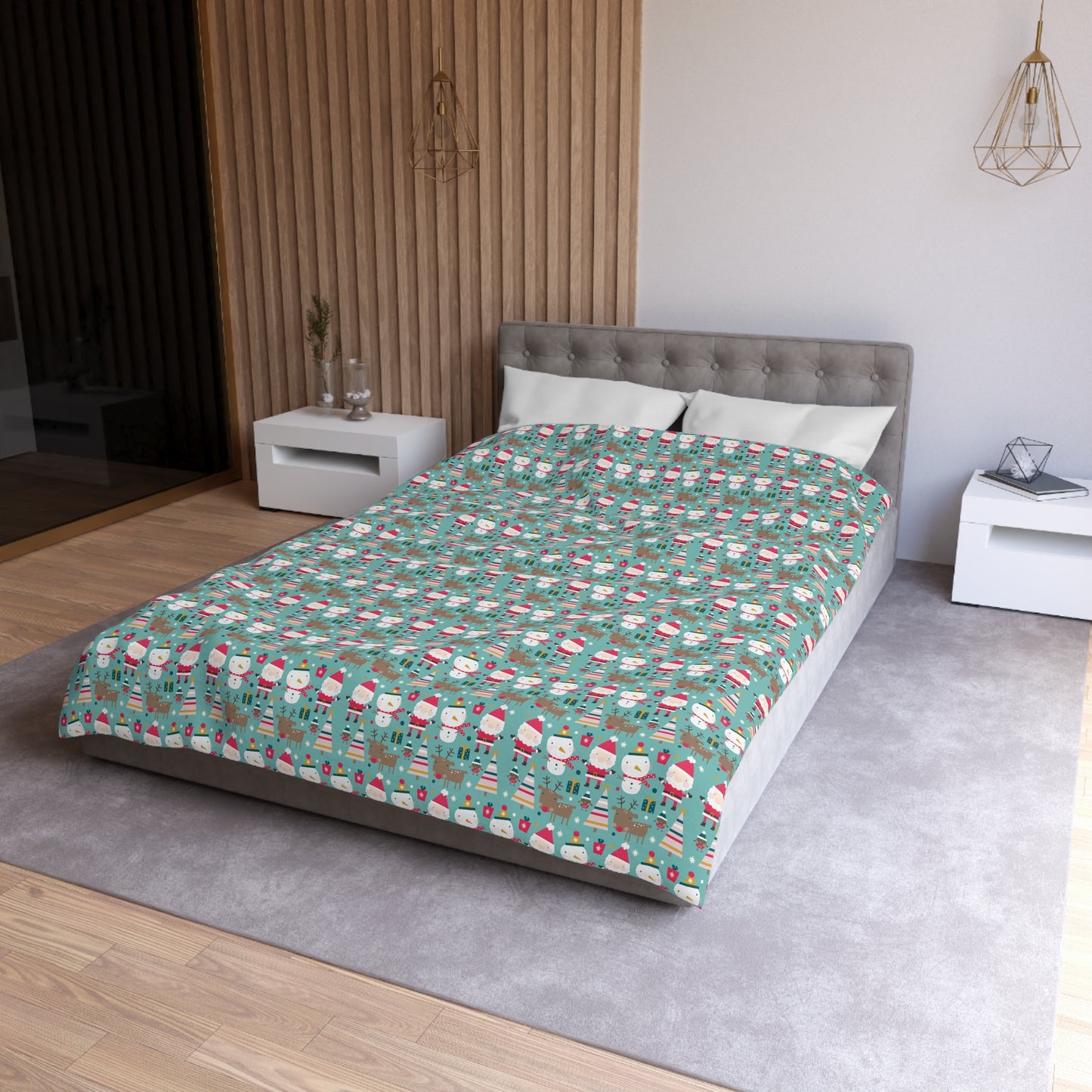 Merry Trio Green Duvet Cover with Santa, Snowman & Reindeer Twin/TwinXL/Queen/King Duvet - HolidayShoppingFinds