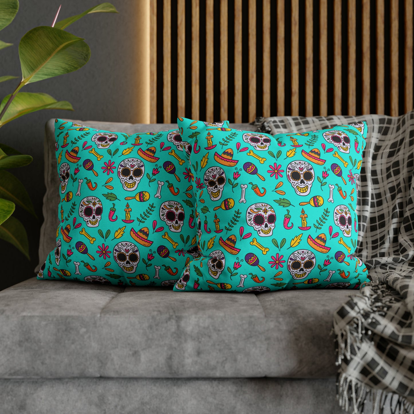Sugar Skull Pillowcase, Day of the Dead Pillow Cover, Dia de Los Muertos Pillow, Halloween Pillow, Turquoise Decorative Square Pillow - HolidayShoppingFinds