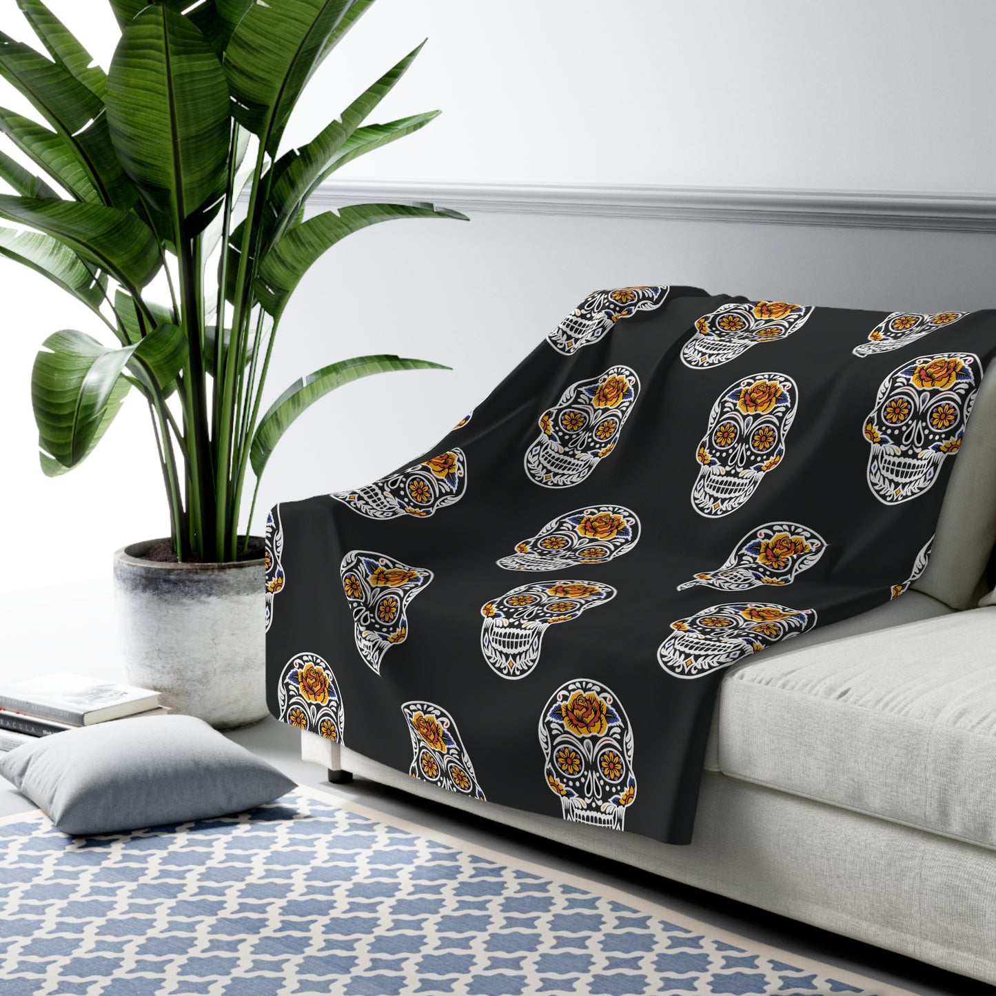 Sugar Skull Sherpa Blanket, Day of the Dead Blanket, Halloween B&W Throw Blanket 60" × 80" - HolidayShoppingFinds
