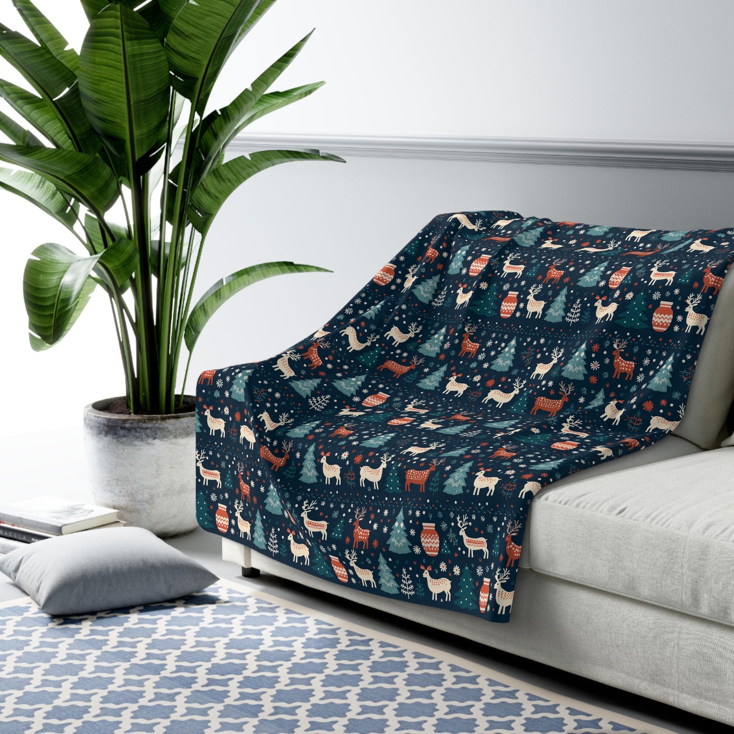Holiday Sherpa Blanket, Reindeers, Christmas Trees, Snowflakes Throw Blanket Blue Cozy Throw Blanket, Holiday Gift 60" × 80" - HolidayShoppingFinds