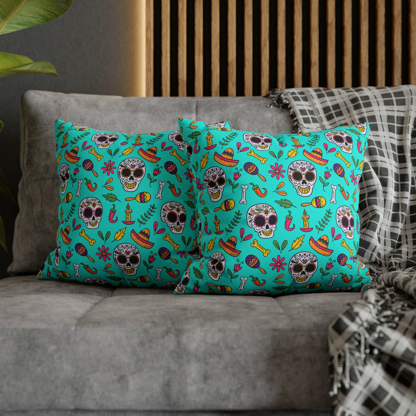 Sugar Skull Pillowcase, Day of the Dead Pillow Cover, Dia de Los Muertos Pillow, Halloween Pillow, Turquoise Decorative Square Pillow - HolidayShoppingFinds