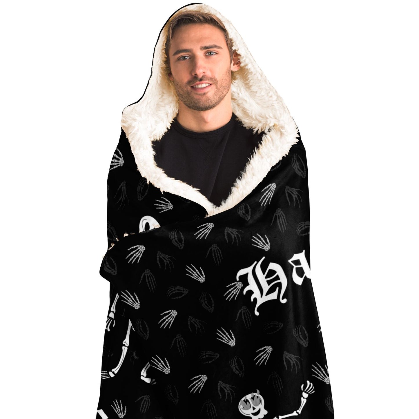 Halloween Happy Haunted House Spooky Skeletons over Bones Pattern Hooded Blanket - HolidayShoppingFinds