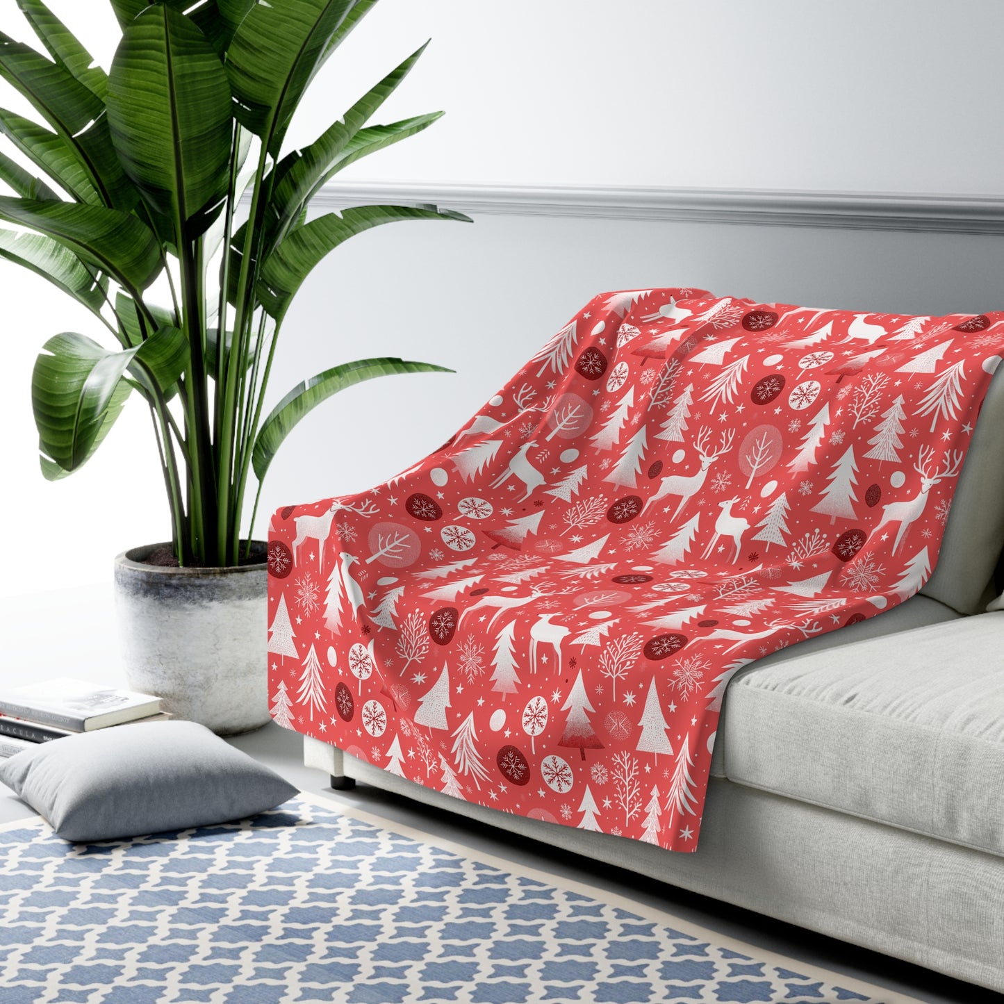 Warm Winter Sherpa Fleece Blanket, Red Throw Blanket, Deer, Trees, Snowflakes Winter Blanket 60" × 80" - HolidayShoppingFinds