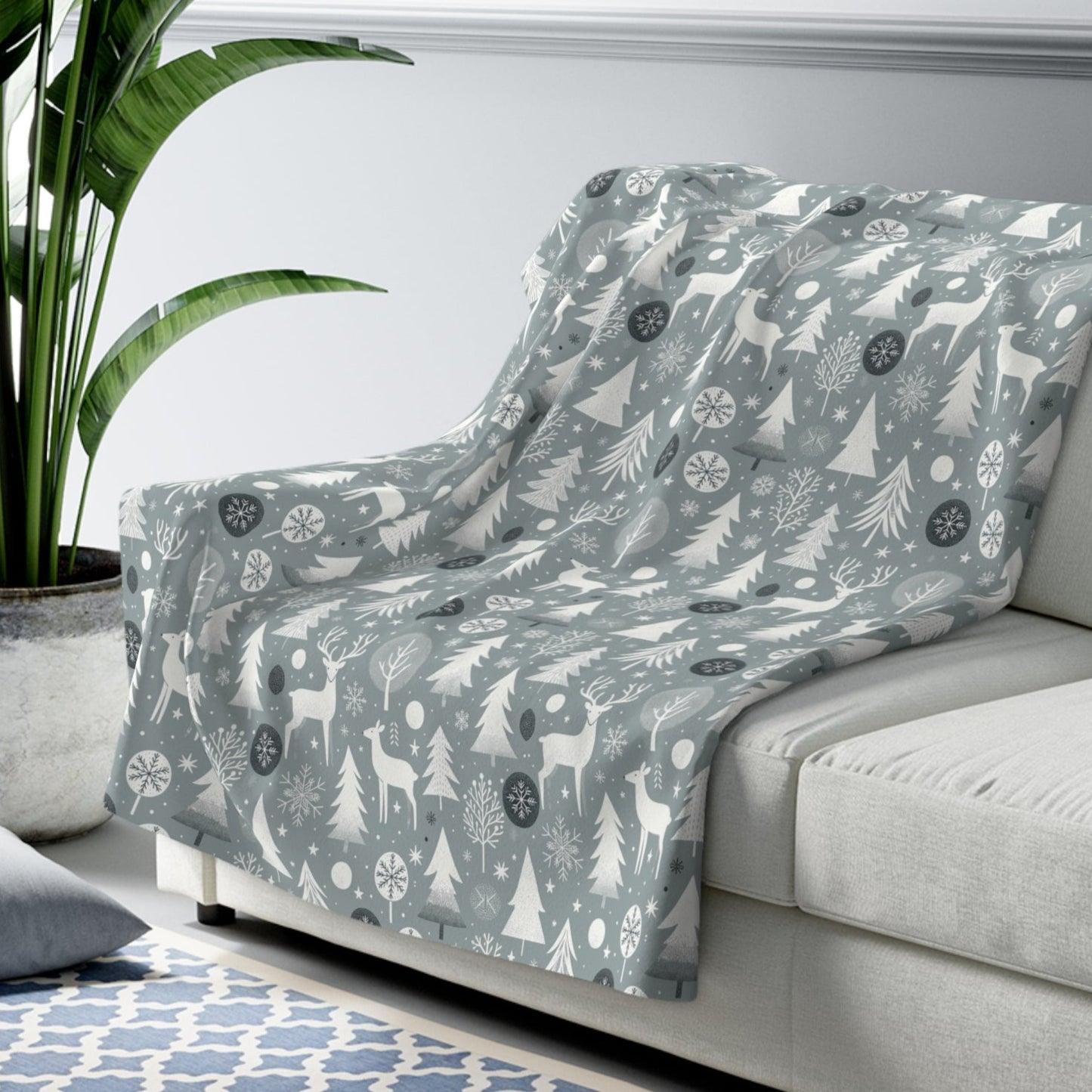 Reindeer Winter Wonderland Blanket, Gray Sherpa Throw, Christmas Gift 50" × 60" - HolidayShoppingFinds