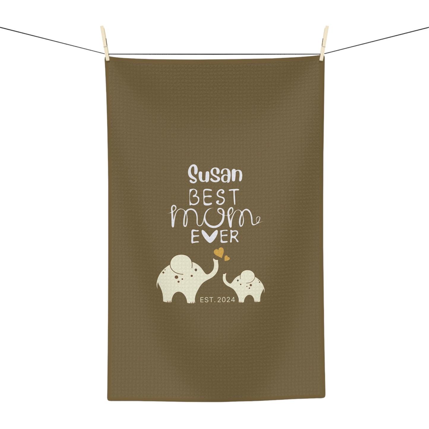 Personalized Best Mom Ever Kitchen Towel Khaki, Mom Gift, Baby Elephants Towel - HolidayShoppingFinds
