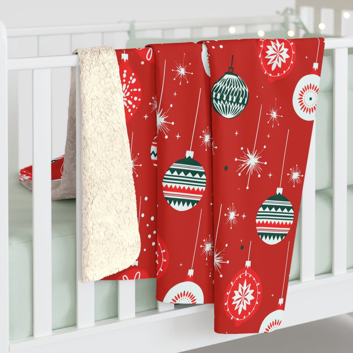 Christmas Ornaments Sherpa Blanket, Winter Holiday Red Fleece Blanket, Cozy Throw Blanket, Holiday Gift - HolidayShoppingFinds