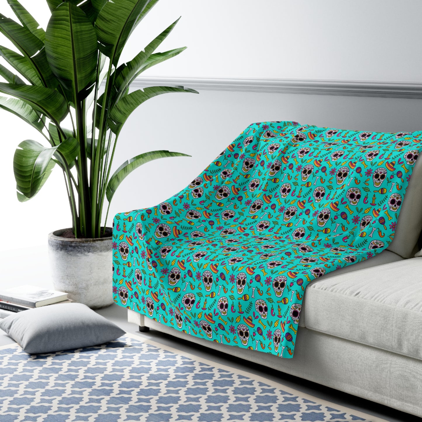 Sugar Skull Sherpa Blanket, Day of the Dead Turquoise Fleece Blanket 60" × 80" - HolidayShoppingFinds