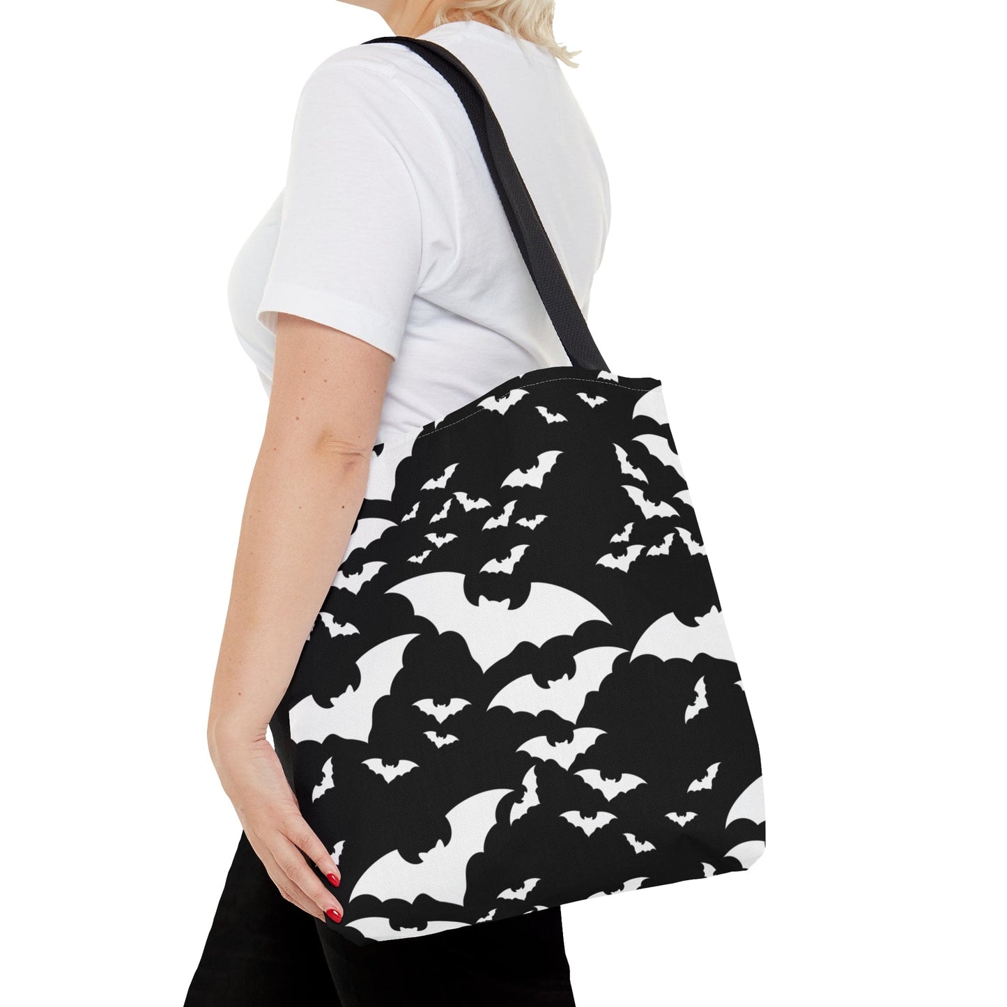 Spooky Bats Black Tote Bag, Halloween Gothic Handbag, Trick or Treat Bag, B&W Bag Medium - HolidayShoppingFinds