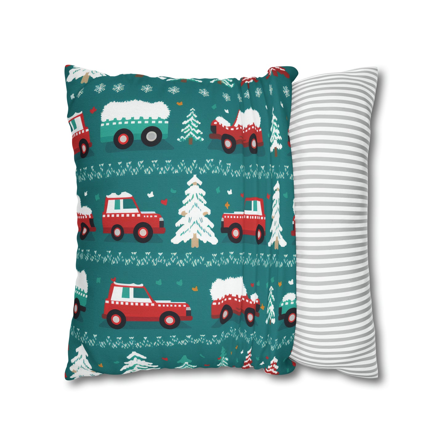 Winter Roadtrip Pillowcase, Snowy Car Teal Pillow Case Cover Vehicle-Themed Cushion Throw - HolidayShoppingFinds