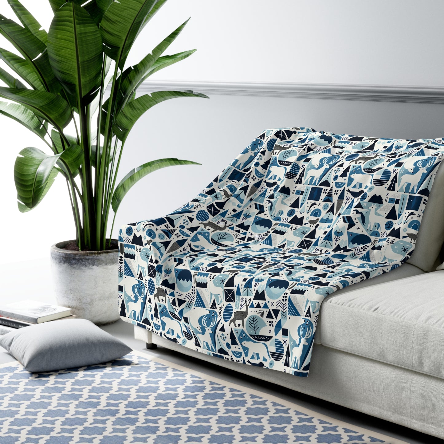 Frozen Forrest Sherpa Fleece Blanket, Abstract Blue Blanket with Bears, Deers, Birds, Trees 60" × 80" - HolidayShoppingFinds
