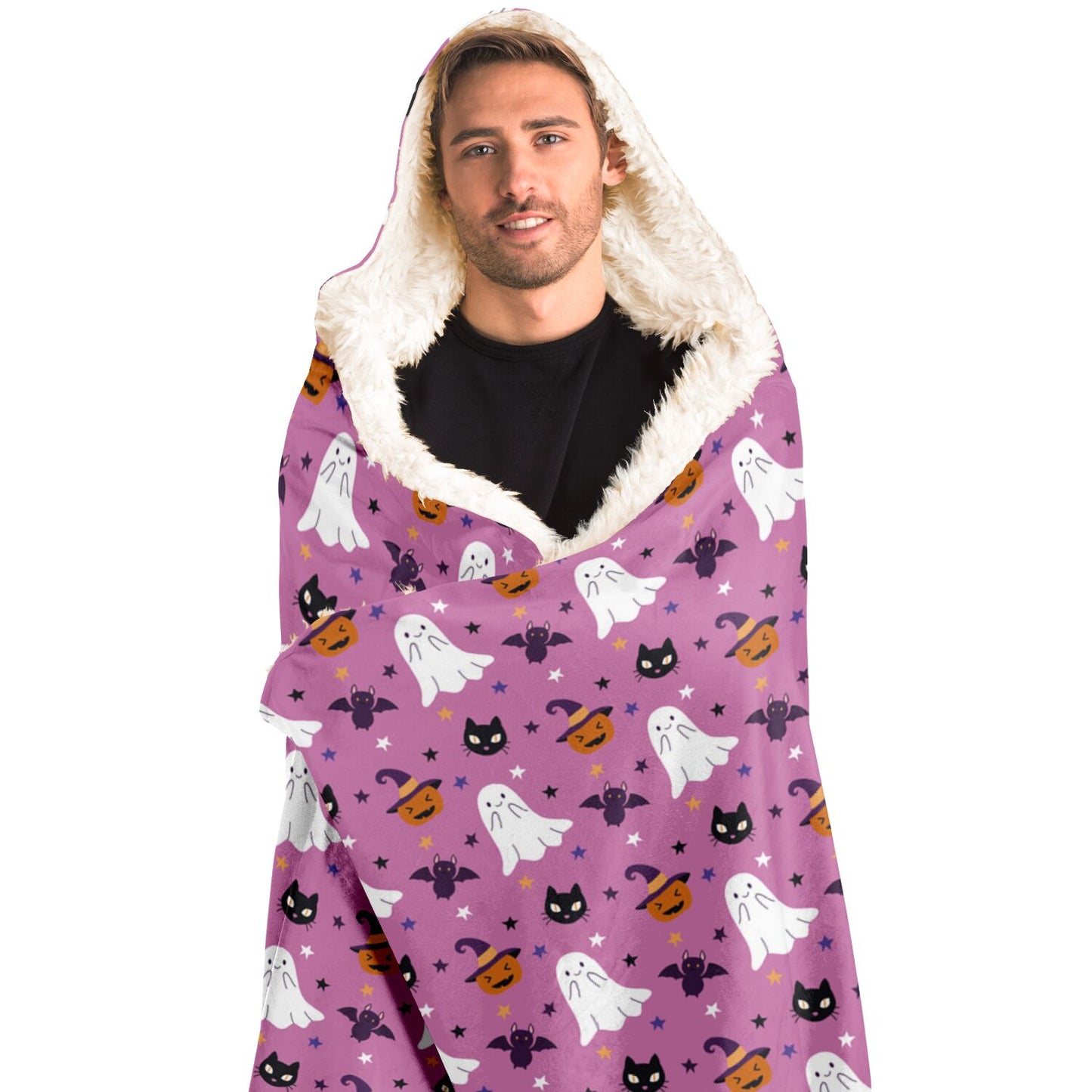 Cute Pink Halloween Hooded Blanket, Spooky Ghosts, Black Cats, Pumpkins & Bats - HolidayShoppingFinds