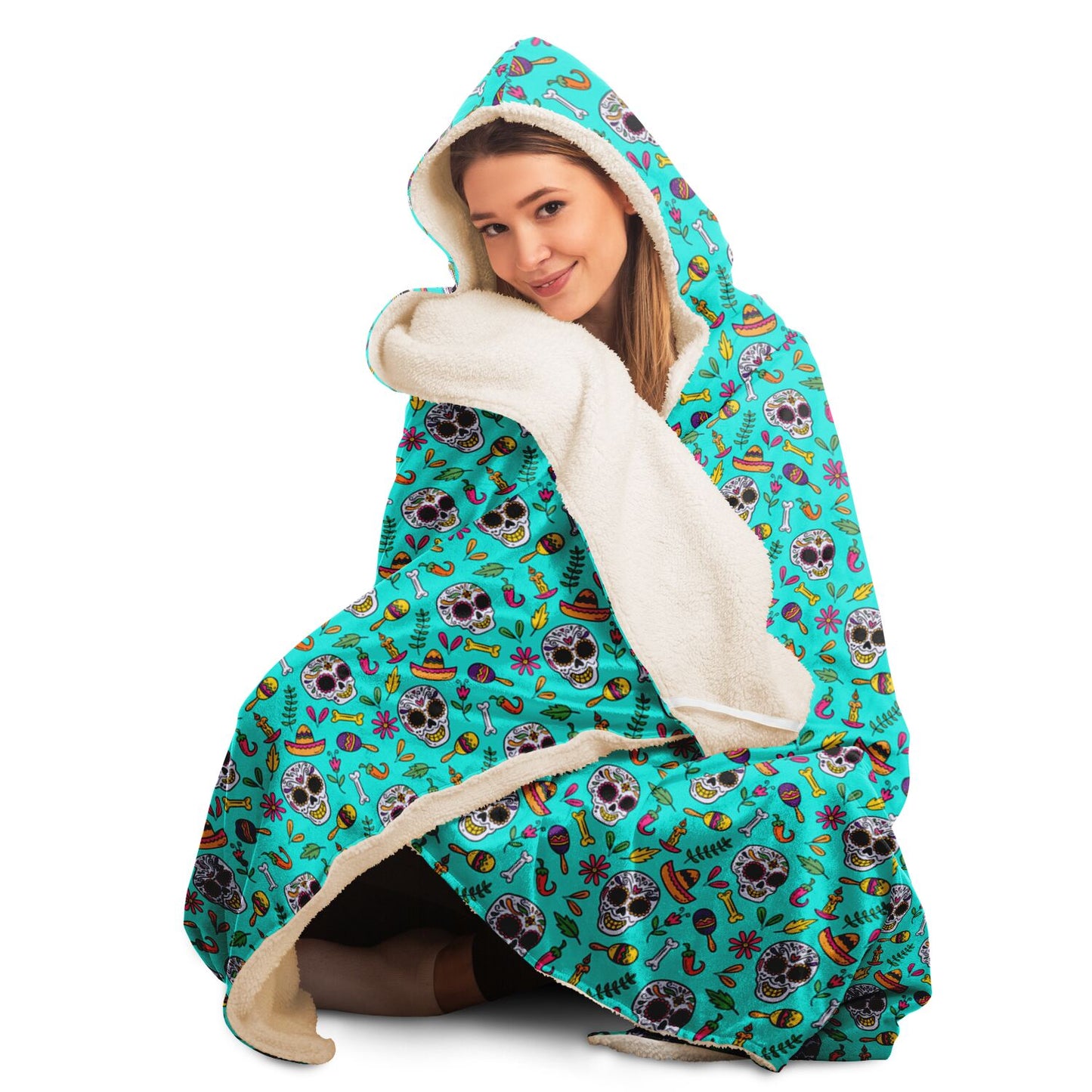 Turquoise Sugar Skull Hooded Blanket, Day of the Dead, Halloween Hooded Blanket - HolidayShoppingFinds