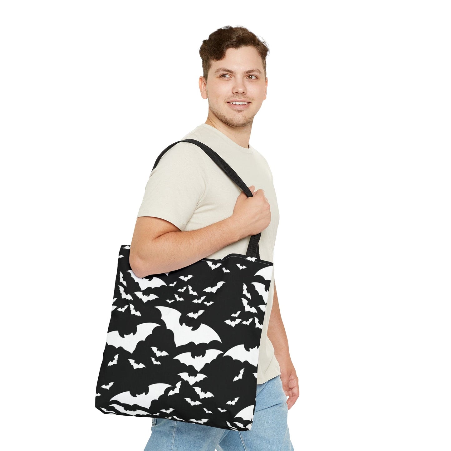 Spooky Bats Black Tote Bag, Halloween Gothic Handbag, Trick or Treat Bag, B&W Bag - HolidayShoppingFinds