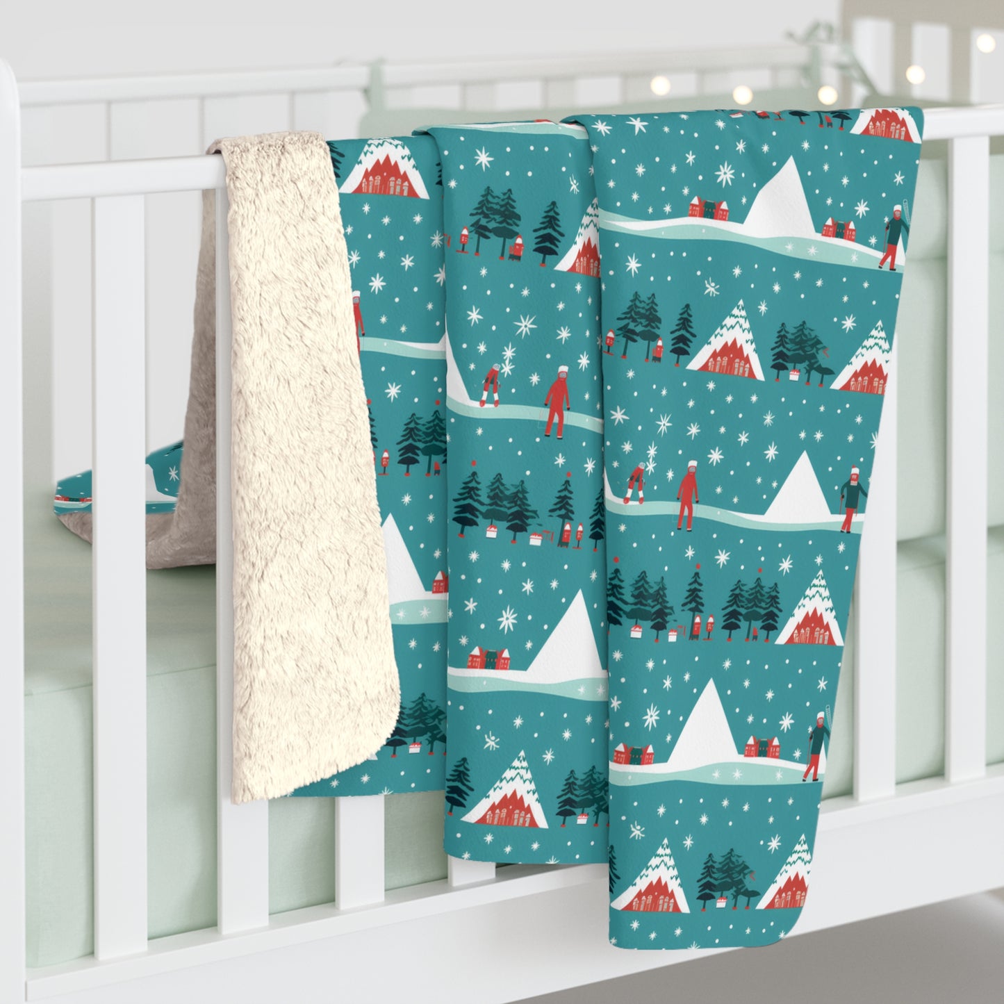 Winter Wonderland Sherpa Blanket, Holiday Mountain Cabin Blanket Teal, Cozy Throw Blanket, Holiday Gift - HolidayShoppingFinds