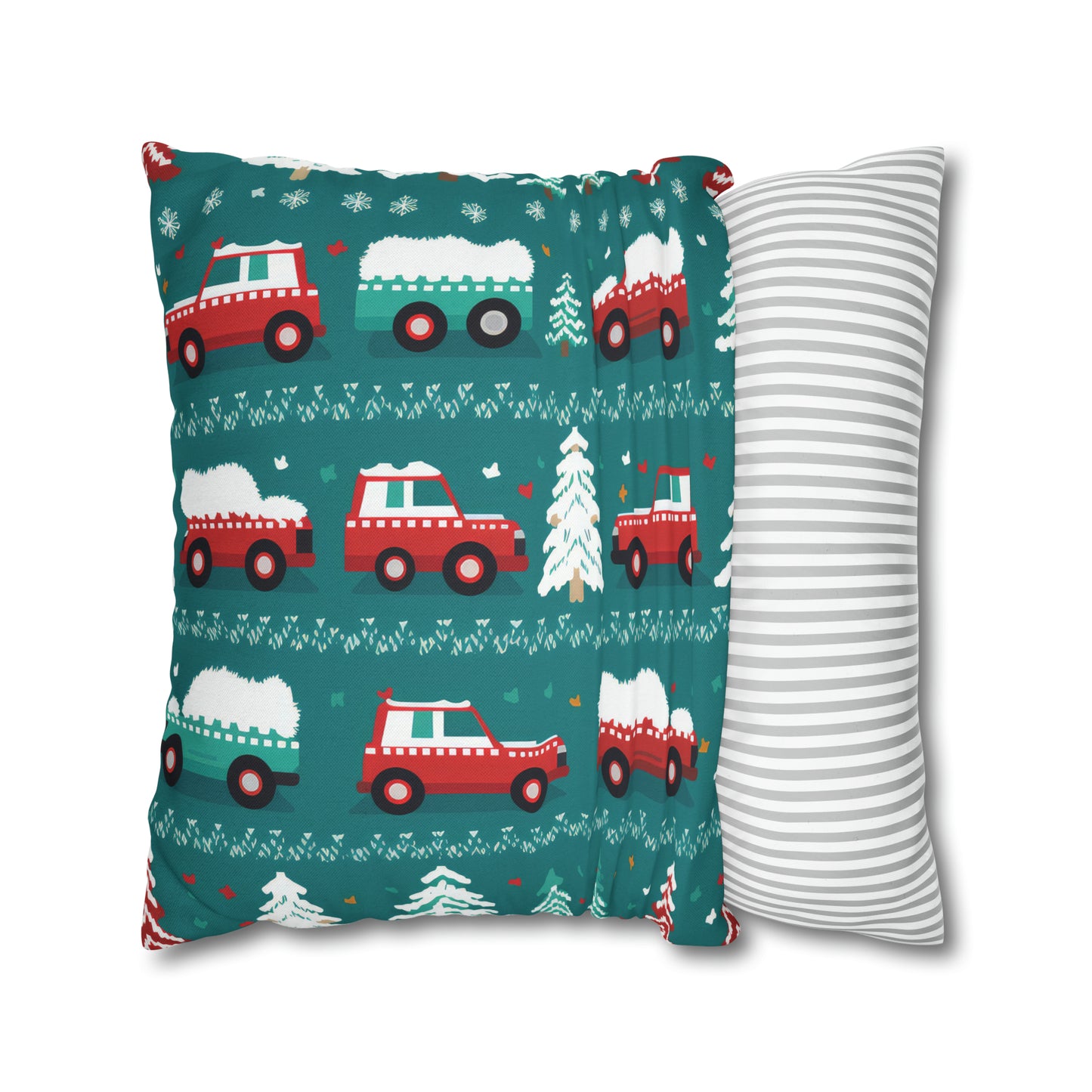 Winter Roadtrip Pillowcase, Snowy Car Teal Pillow Case Cover Vehicle-Themed Cushion Throw - HolidayShoppingFinds