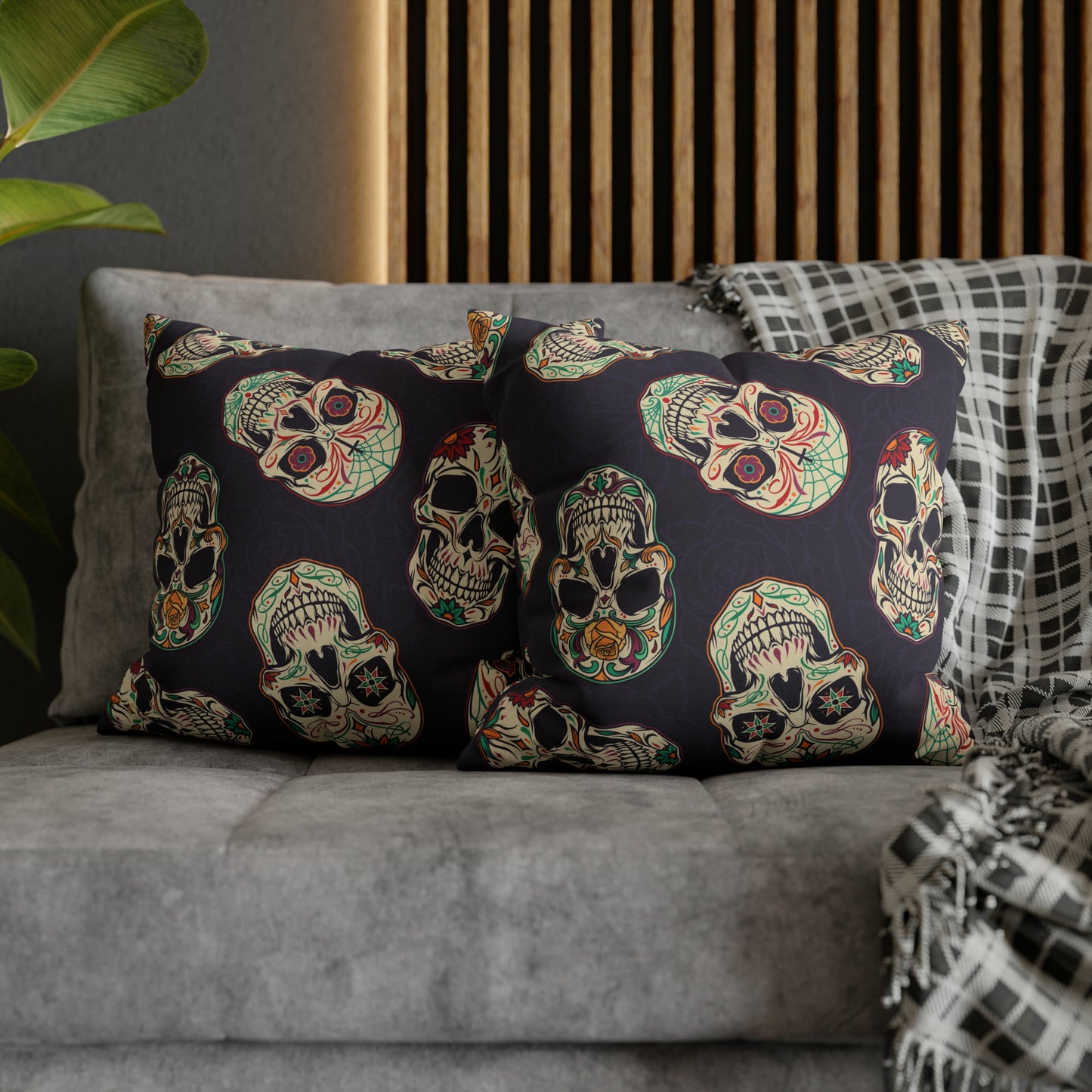 Sugar Skull Pillowcase, Day of the Dead Dia De Los Muertos Purple Pillow, Square 2-Sided Accent Pillow Cover - HolidayShoppingFinds
