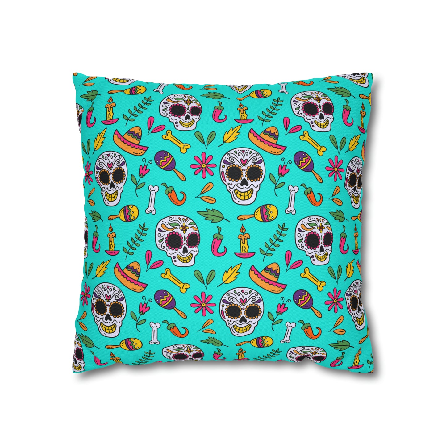 Sugar Skull Pillowcase, Day of the Dead Pillow Cover, Dia de Los Muertos Pillow, Halloween Pillow, Turquoise Decorative Square Pillow - HolidayShoppingFinds