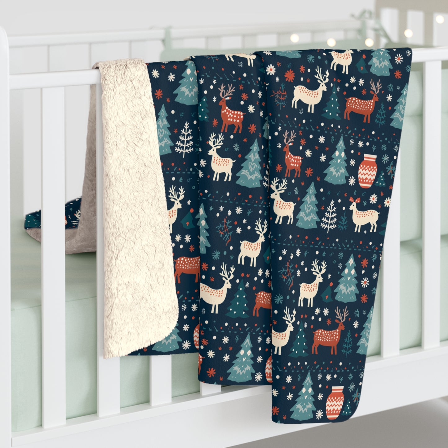 Holiday Sherpa Blanket, Reindeers, Christmas Trees, Snowflakes Throw Blanket Blue Cozy Throw Blanket, Holiday Gift - HolidayShoppingFinds