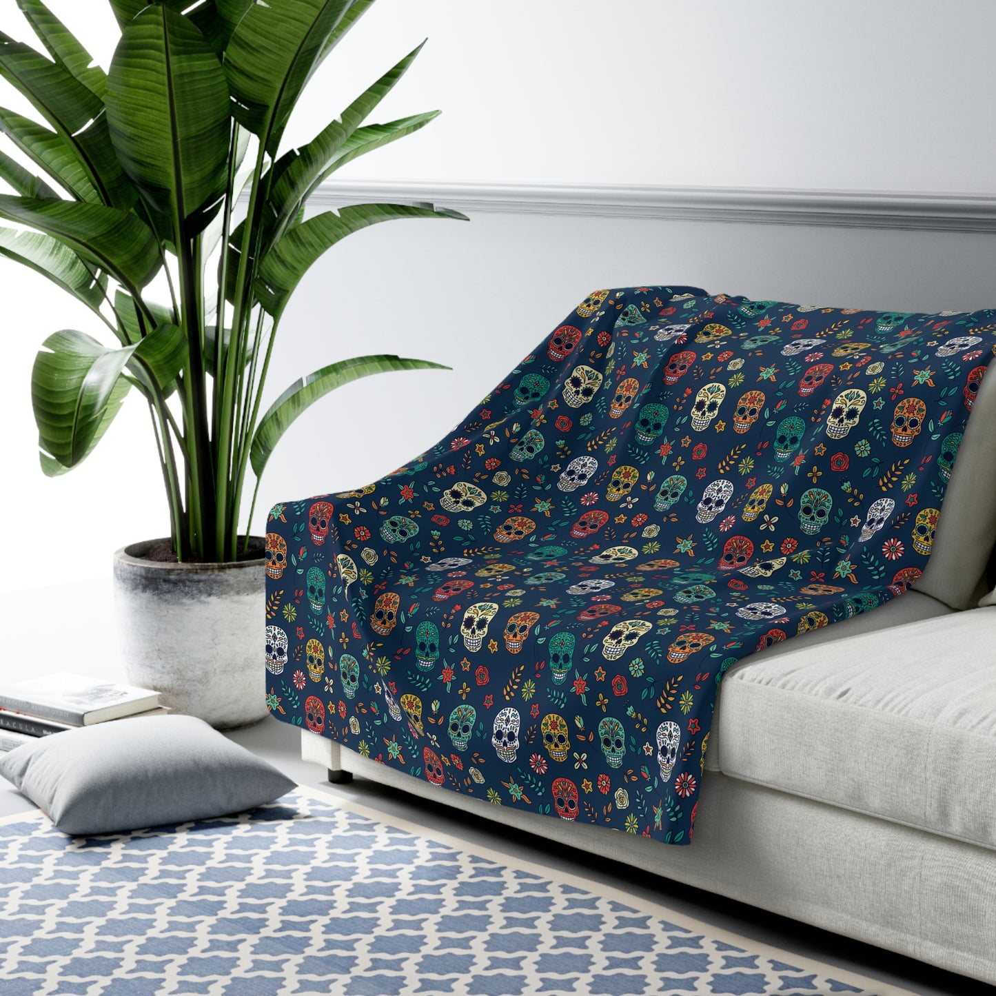 Sugar Skull Sherpa Blanket, Day of the Dead Halloween Blanket, Blue Throw Blanket, Cozy Sofa Blanket 60" × 80" - HolidayShoppingFinds