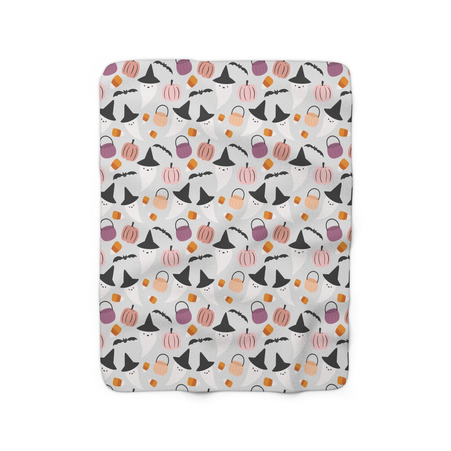 Halloween Whimsical Sherpa Blanket, Ghost Pumpkin Bats Throw Blanket Gray - HolidayShoppingFinds