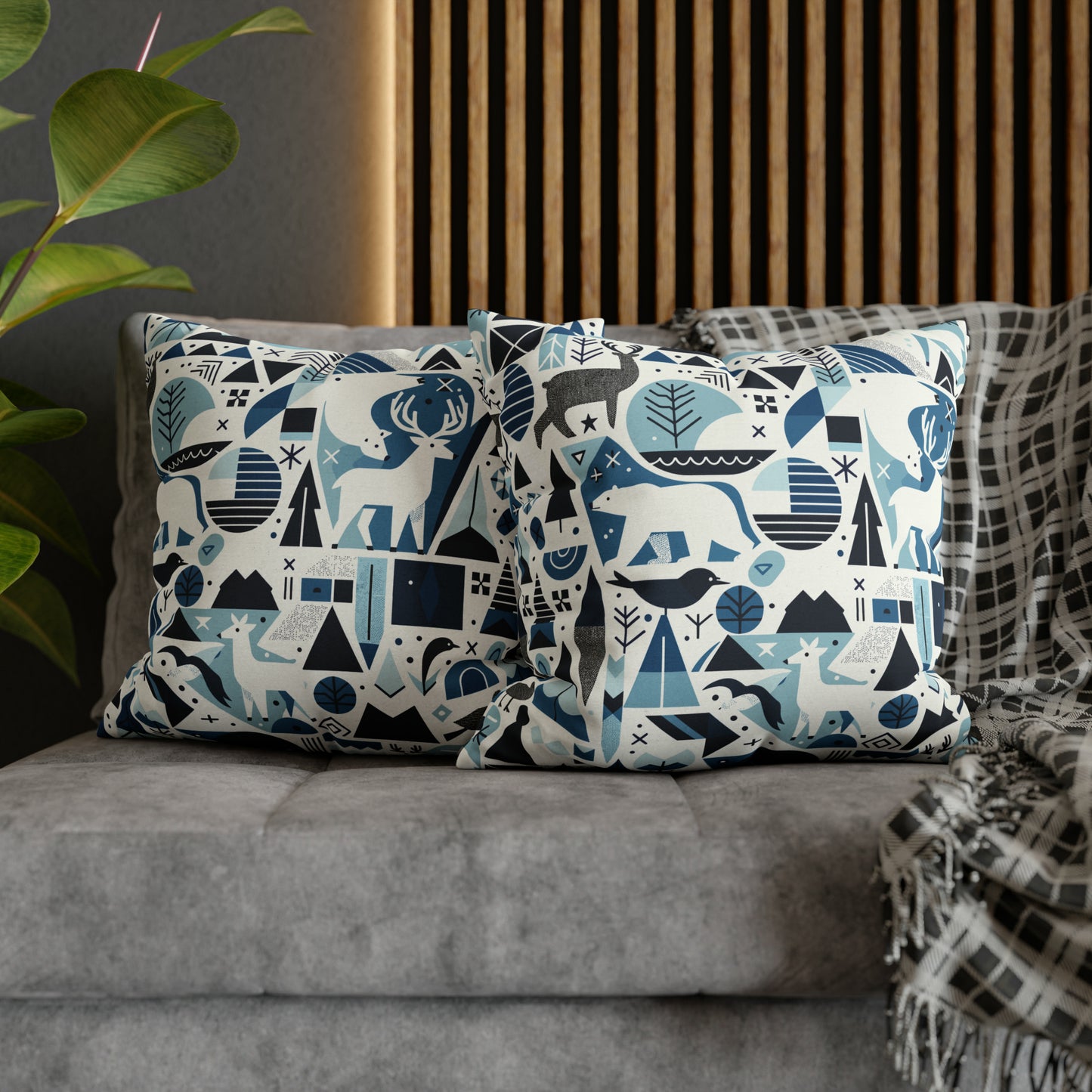 Frozen Forrest Pillowcase, Abstract Blue Pillow Case with Bears, Deers, Winter Pillow Cover - HolidayShoppingFinds