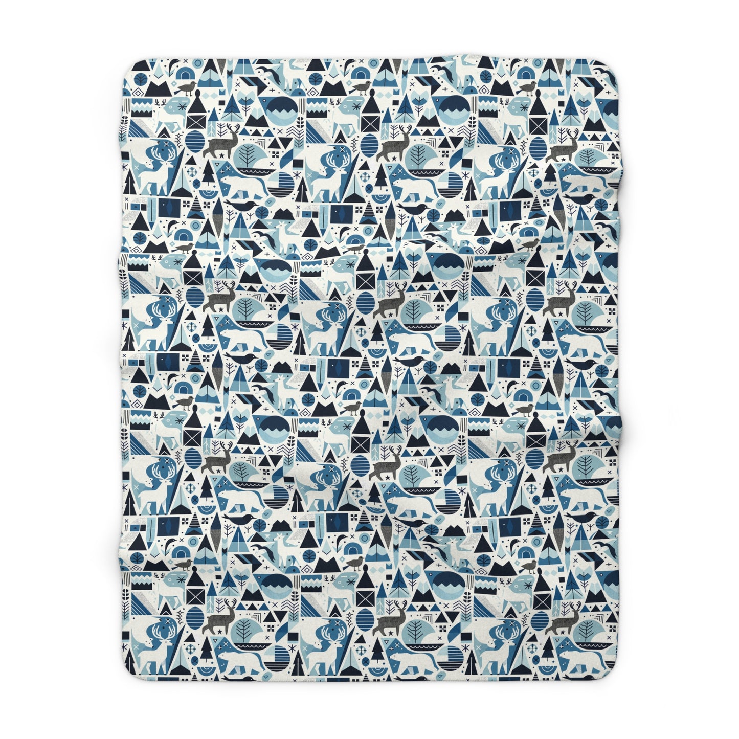 Frozen Forrest Sherpa Fleece Blanket, Abstract Blue Blanket with Bears, Deers, Birds, Trees - HolidayShoppingFinds