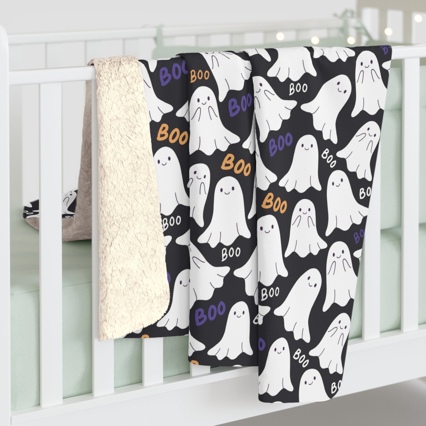 BOO Ghost Sherpa Blanket, Halloween Ghostly Throw Blanket, Black Fleece Blanket, Cozy Sofa Blanket - HolidayShoppingFinds