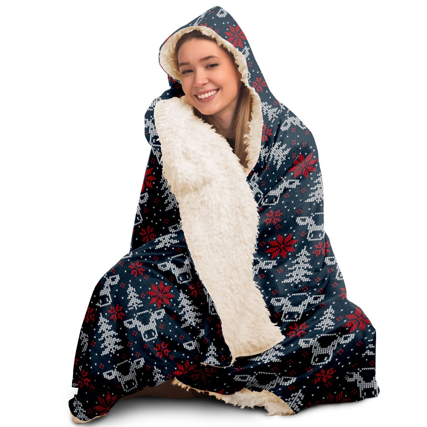Blue Christmas Cows, Trees & Snowflakes Hooded Blanket - HolidayShoppingFinds