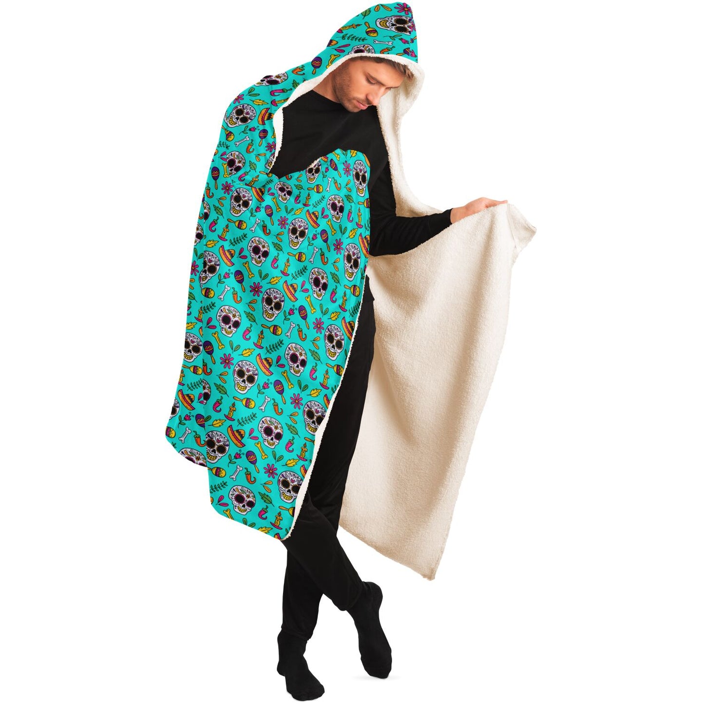 Turquoise Sugar Skull Hooded Blanket, Day of the Dead, Halloween Hooded Blanket - HolidayShoppingFinds