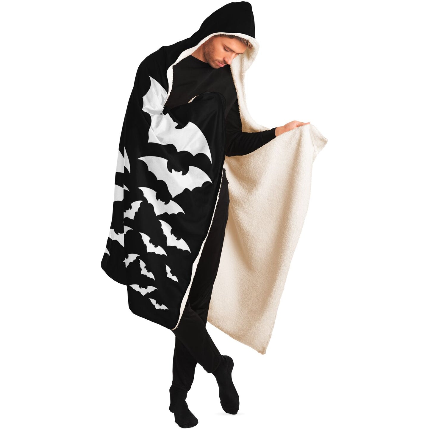 Halloween Hooded Blanket Black with Scary Bats, Unisex, Fleece and Premium Sherpa - HolidayShoppingFinds