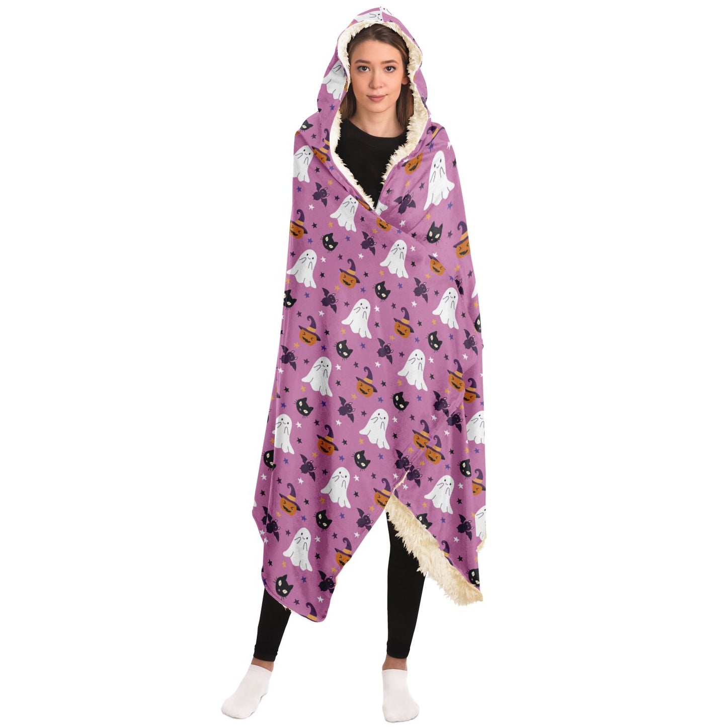 Cute Pink Halloween Hooded Blanket, Spooky Ghosts, Black Cats, Pumpkins & Bats - HolidayShoppingFinds