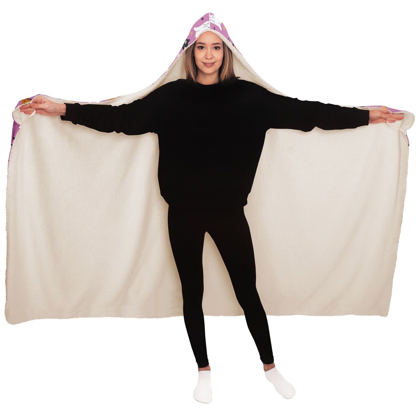 Cute Pink Halloween Hooded Blanket, Spooky Ghosts, Black Cats, Pumpkins & Bats - HolidayShoppingFinds