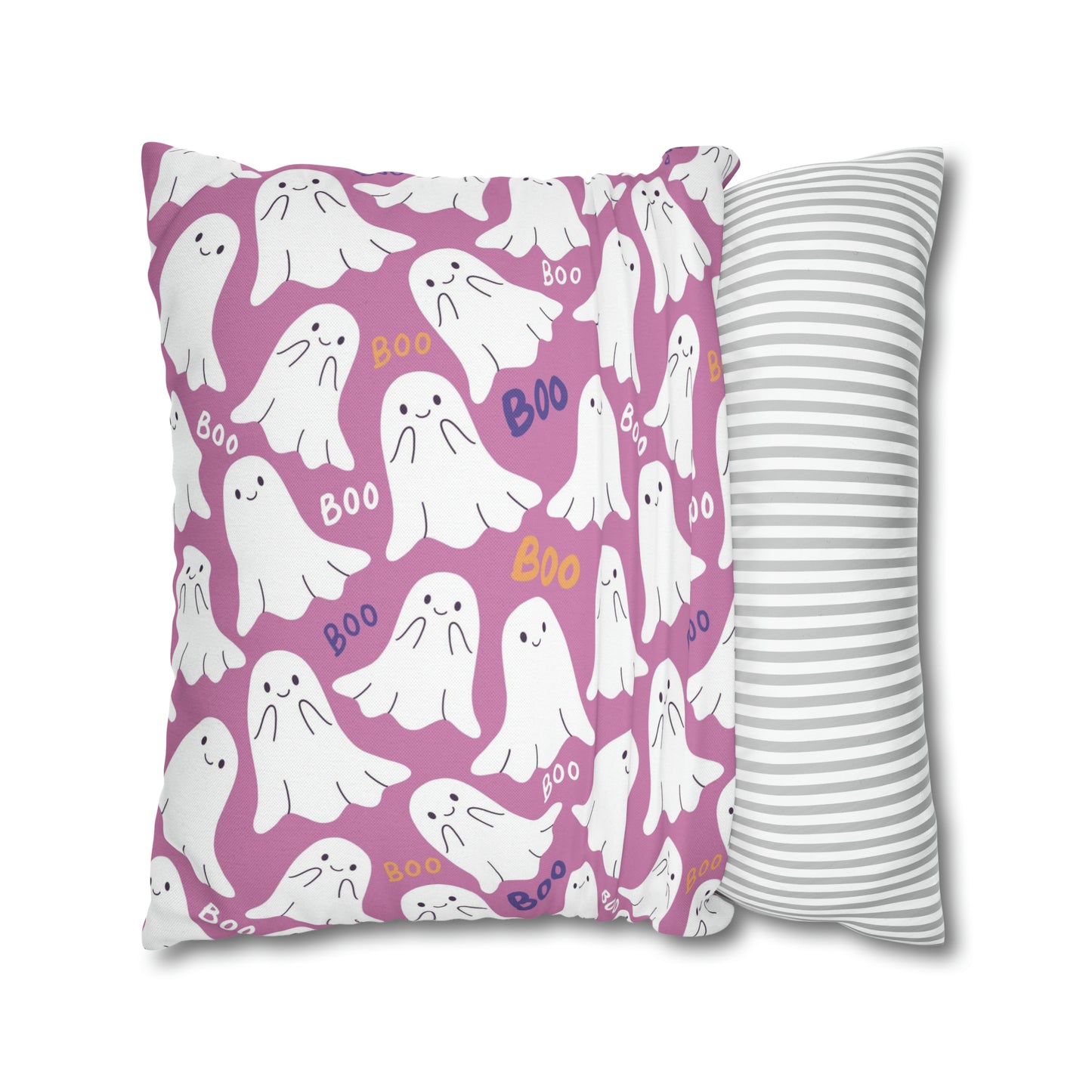 BOO Ghost Decorative Pillowcase Halloween Spooky Ghost Pillow Cover, Pink Square Pillow, 2-Sided Pillow Cover - HolidayShoppingFinds