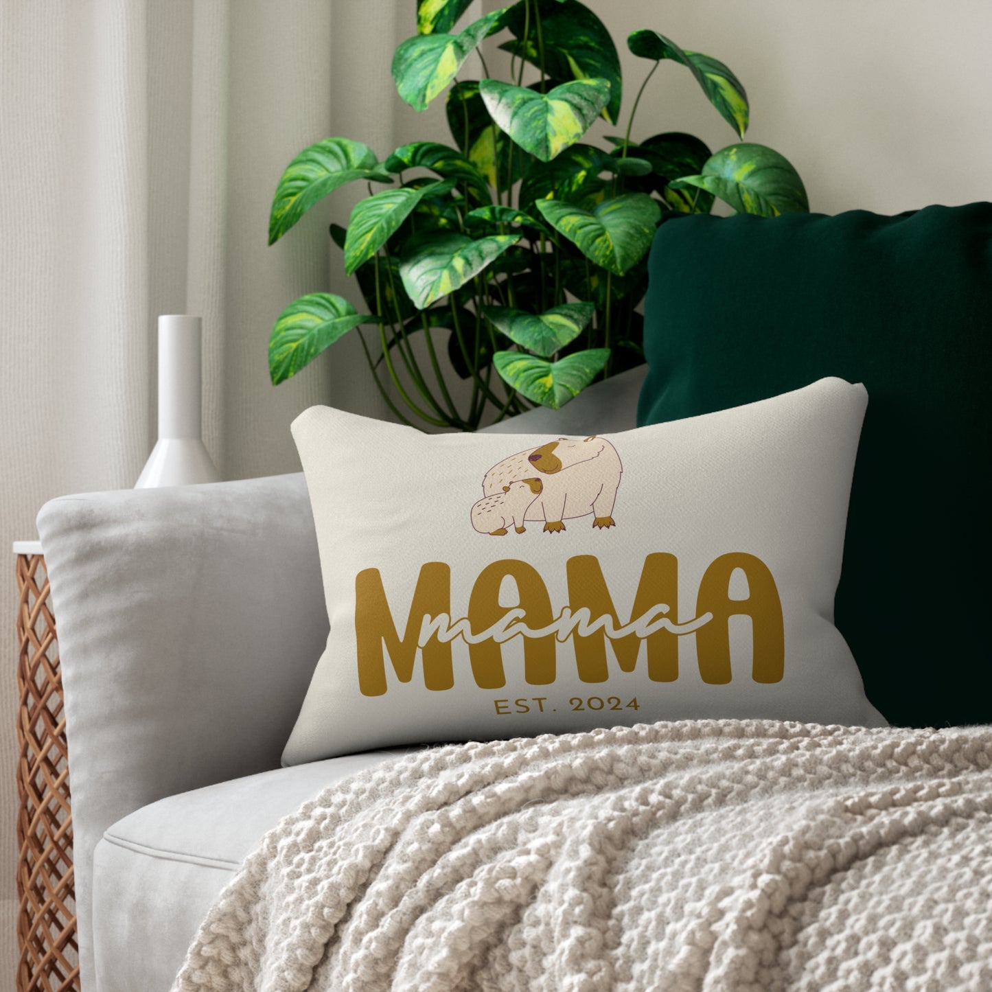 Personalized Mama Capybara Lumbar Pillow Beige, Gift for Mom - HolidayShoppingFinds