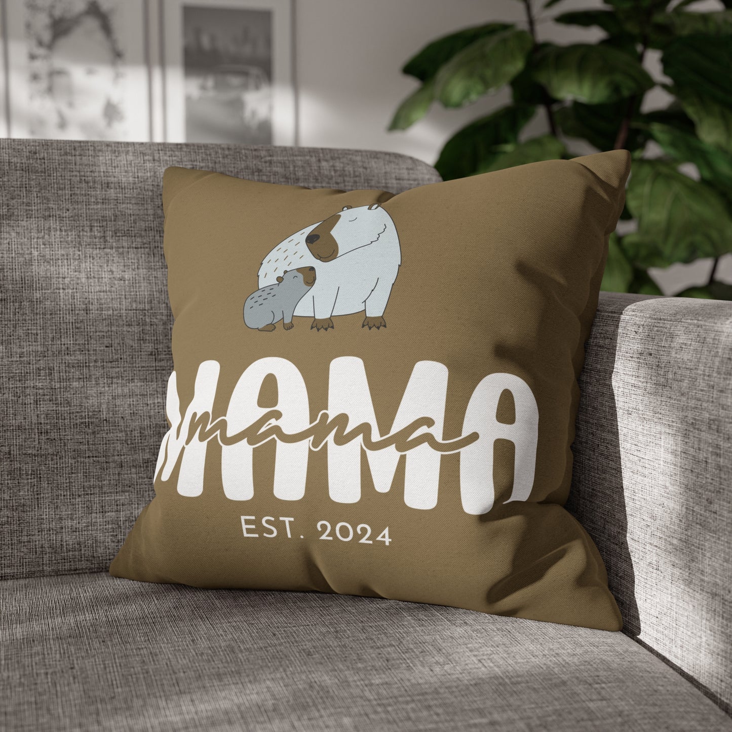 Personalized Mama Capybara Pillowcase Khaki, Gift For Mom 20" × 20" - HolidayShoppingFinds