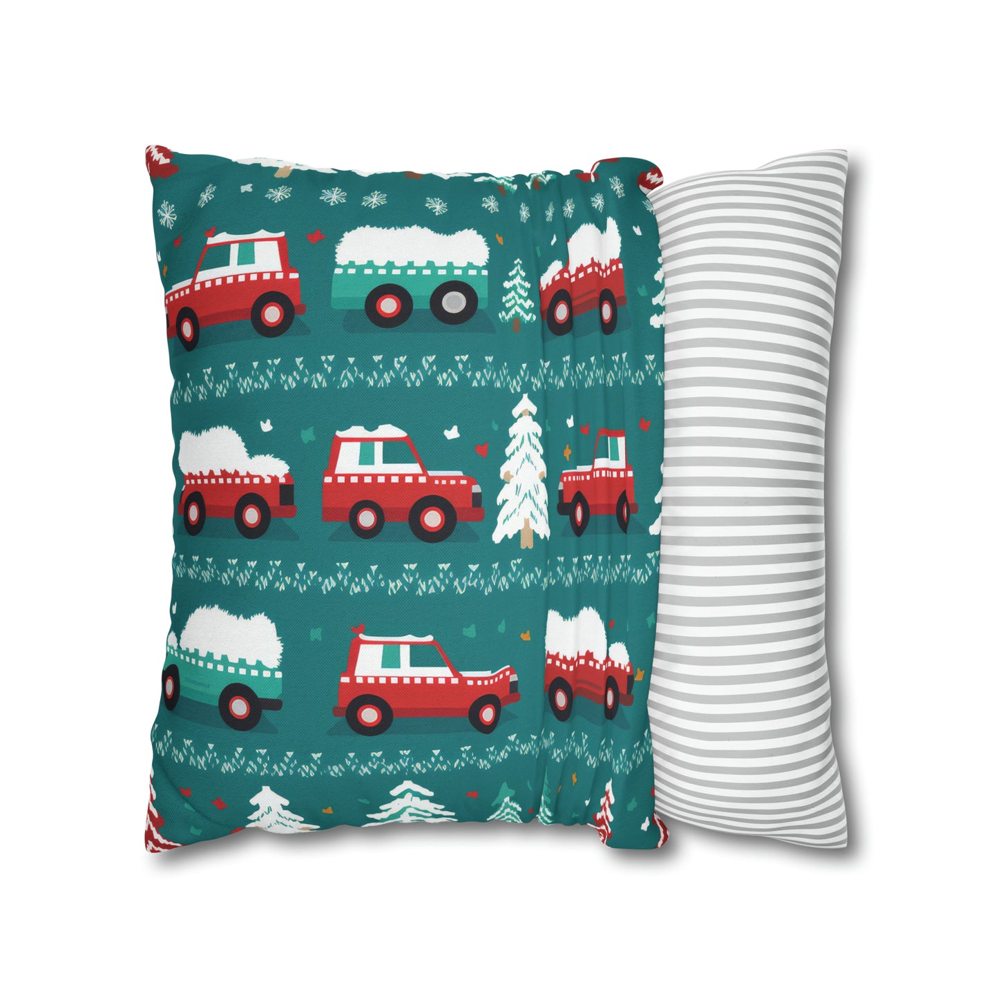 Winter Roadtrip Pillowcase, Snowy Car Teal Pillow Case Cover Vehicle-Themed Cushion Throw - HolidayShoppingFinds