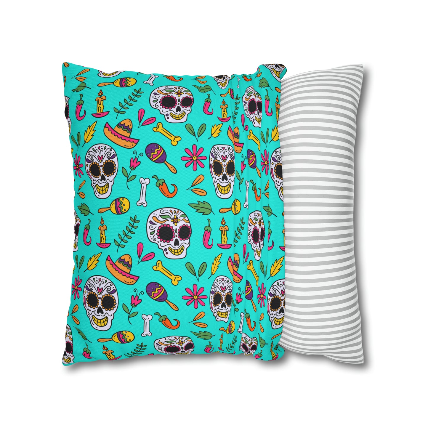 Sugar Skull Pillowcase, Day of the Dead Pillow Cover, Dia de Los Muertos Pillow, Halloween Pillow, Turquoise Decorative Square Pillow - HolidayShoppingFinds