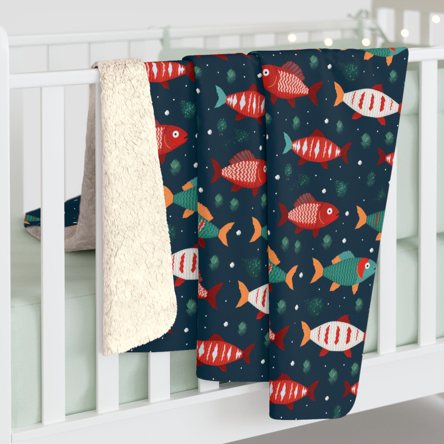 Marine Life Blanket, Fish Print Sherpa Fleece Blanket Blue, Fisherman Fishing Lover Gift, Ocean Throw Blanket, Coastal Home Décor - HolidayShoppingFinds
