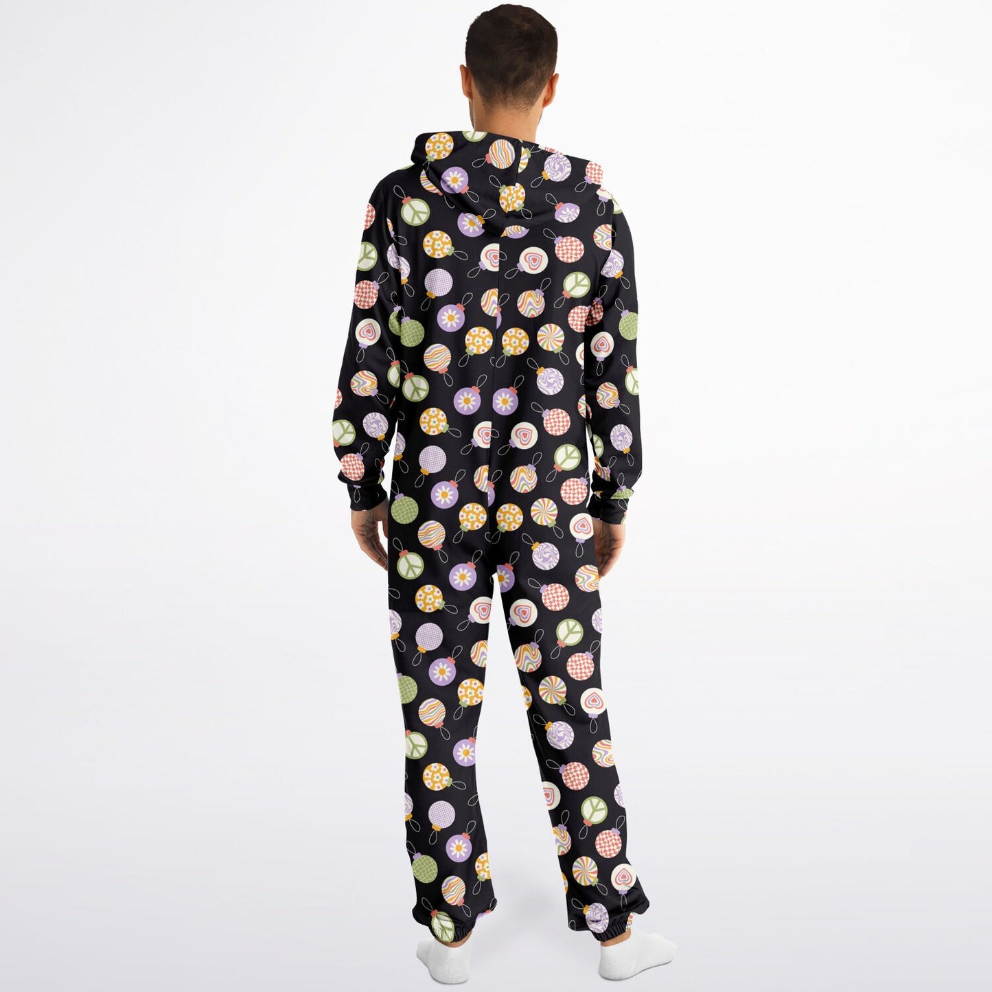 Colorful Christmas Ornaments Black Jumpsuit Adult Onesie Gender-Neutral Athletic - HolidayShoppingFinds
