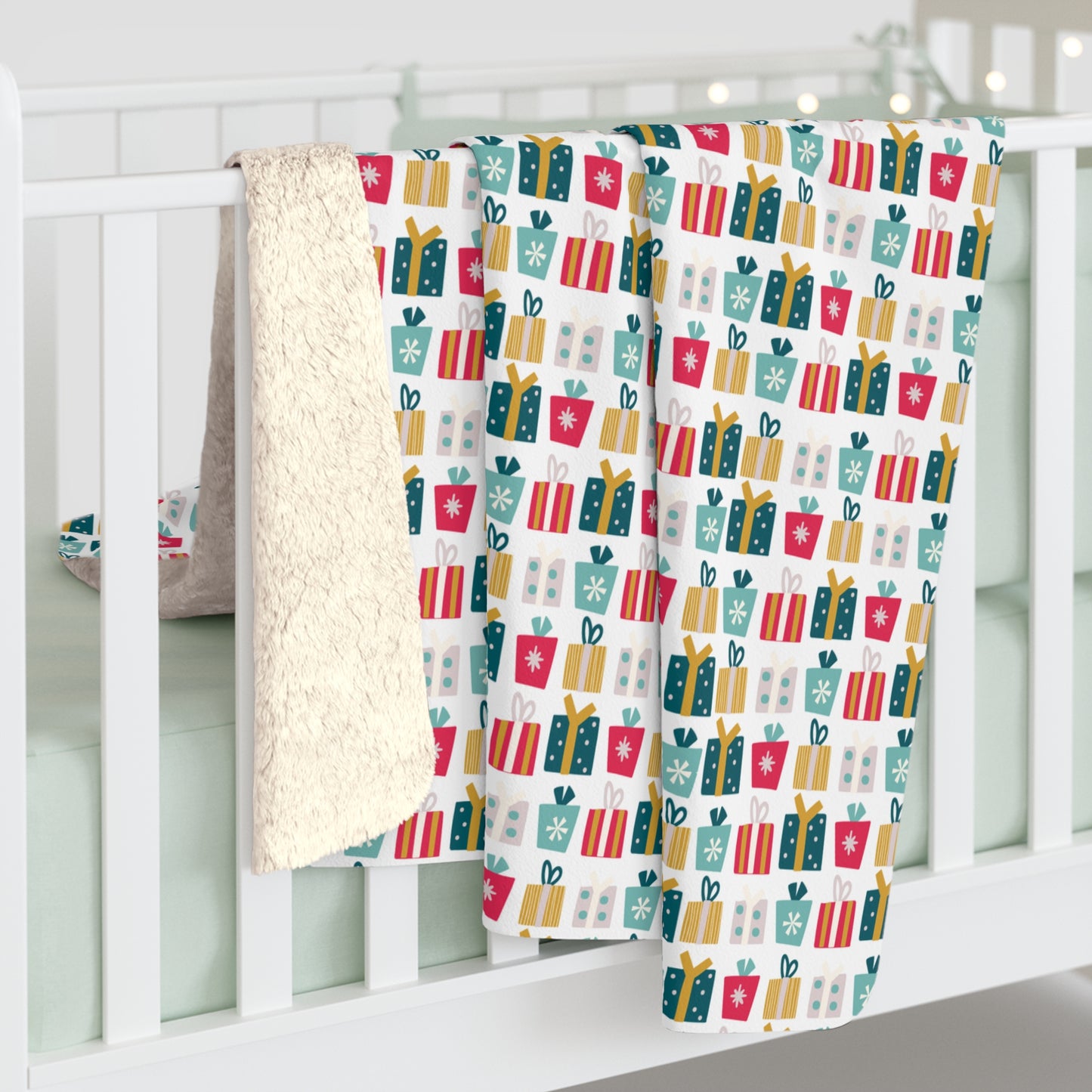 Gift Galore: Colorful Presents on White Sherpa Fleece Blanket - HolidayShoppingFinds