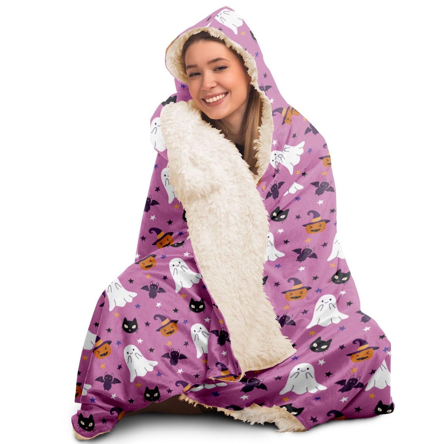 Cute Pink Halloween Hooded Blanket, Spooky Ghosts, Black Cats, Pumpkins & Bats - HolidayShoppingFinds